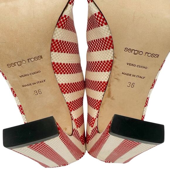 Sergio Rossi SR1 Red Stripe Canvas Mule Block Heel Slide Sandals Size EU 36 US 6 - Picture 10 of 13
